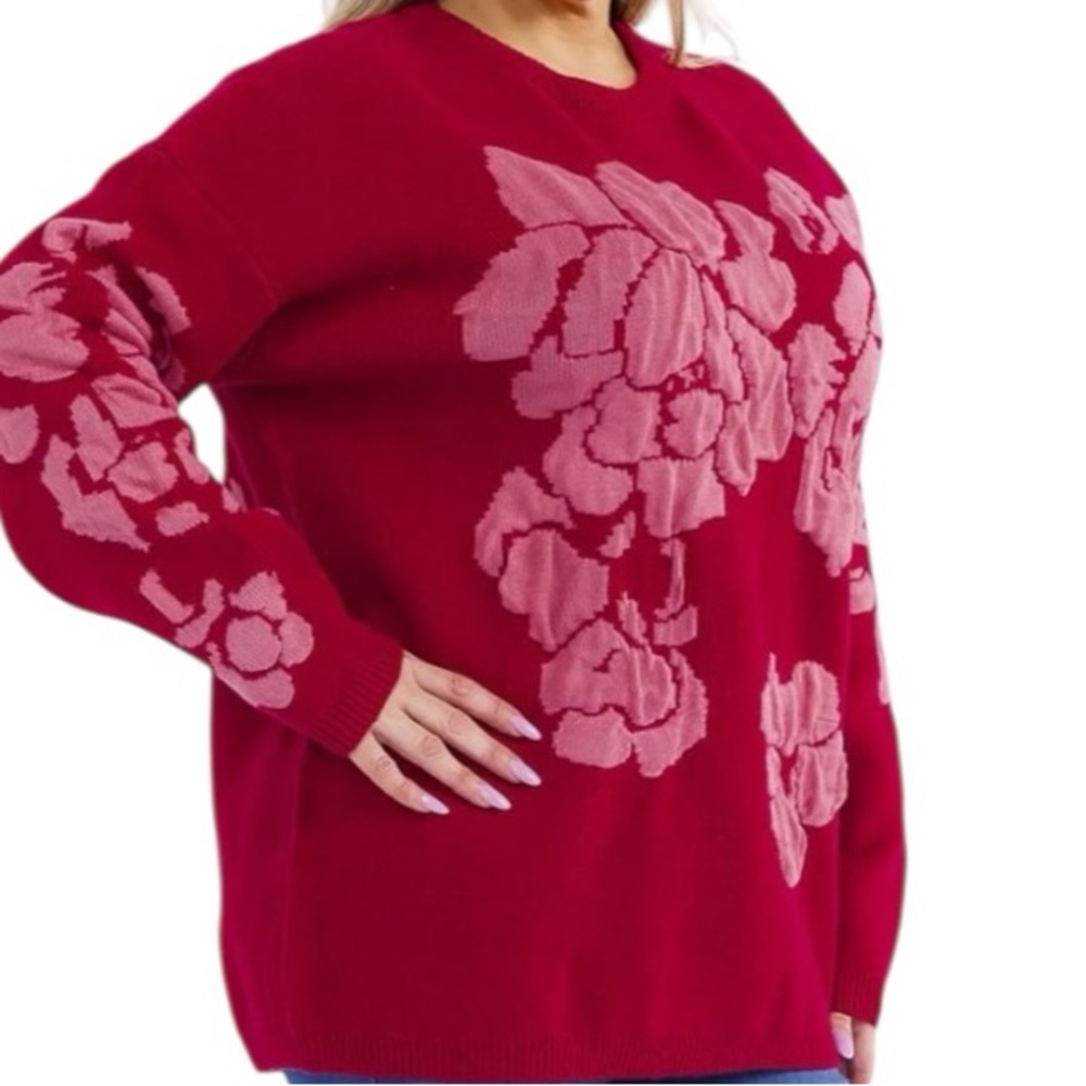 Floral Red and Pink Knit Pull Over Crewneck Sweater